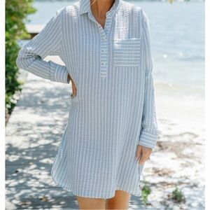 Alice Walk Blue White Striped Organic Cotton Gauze Tunic Shirt Dress Size S